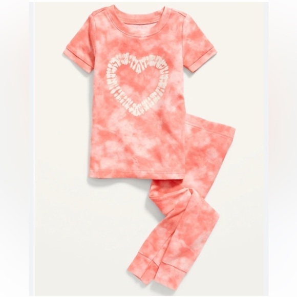 Old Navy Pink Heart Tie Dye Print 2 Piece Pajama PJ Set Toddler Girl’s Size 6T - Picture 1 of 8